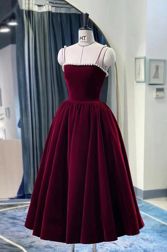 Burgundy Velvet Short Prom Dress, A-Line Party Dress with Pearls TP906