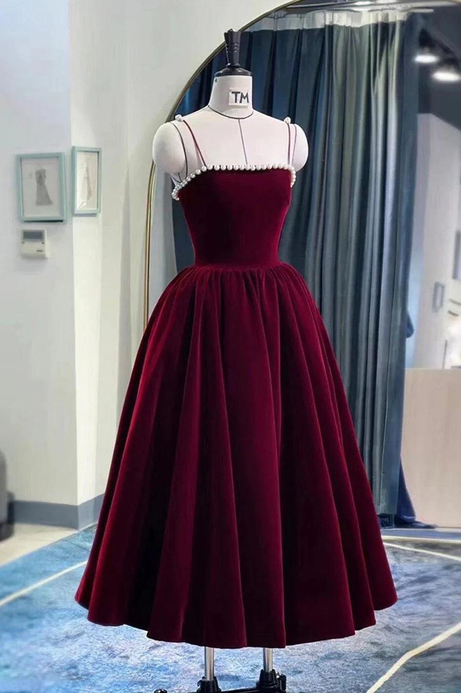 Burgundy Velvet Short Prom Dress, A-Line Party Dress with Pearls TP906