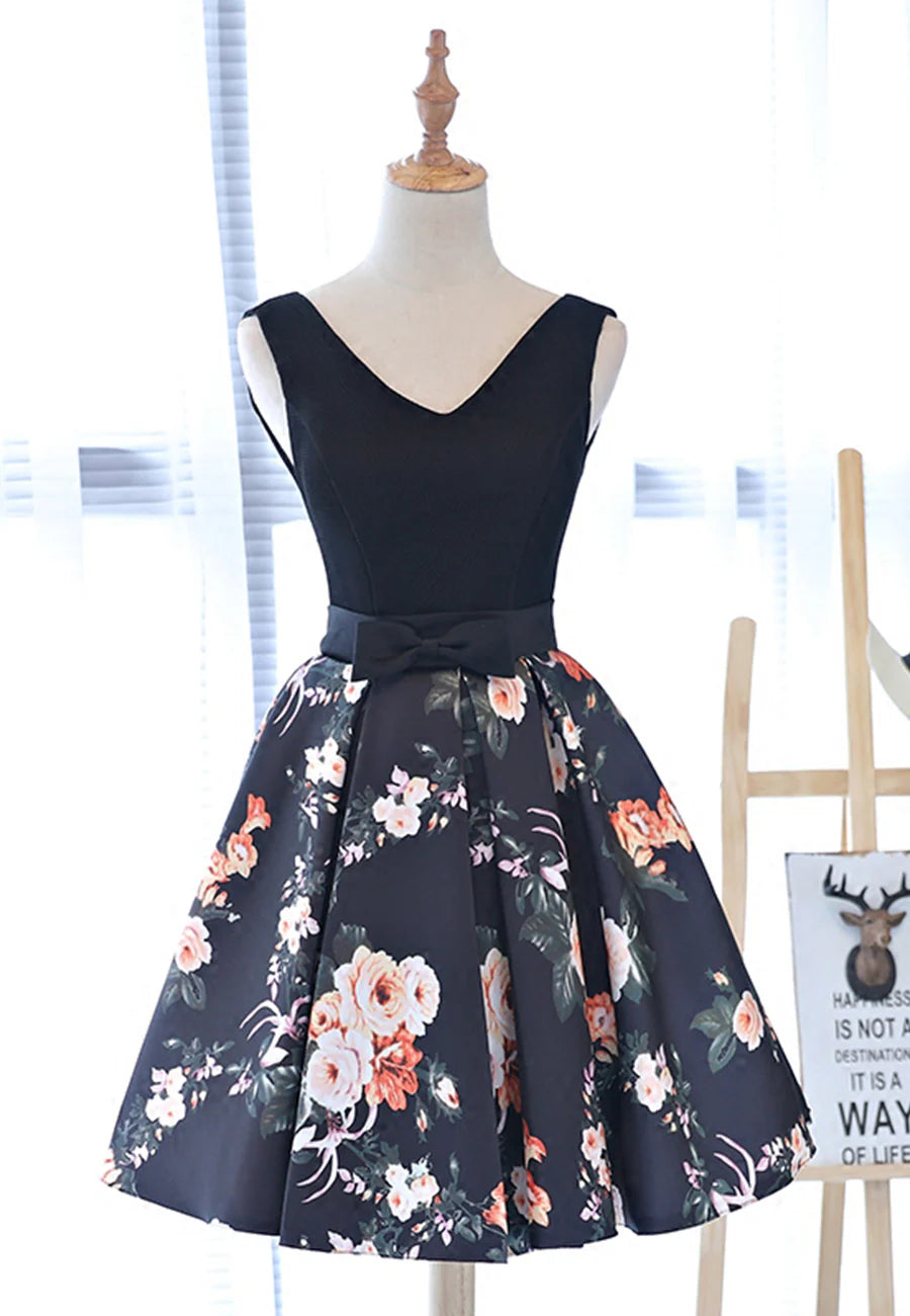 Cute V-Neck Floral Prom Dresses, A-Line Homecoming Dresses TP925