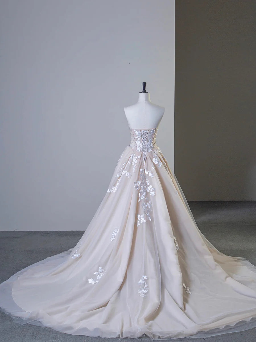 Champagne Tulle Lace Long Prom Dress, Elegant Strapless A-Line Formal Evening Dress TP935