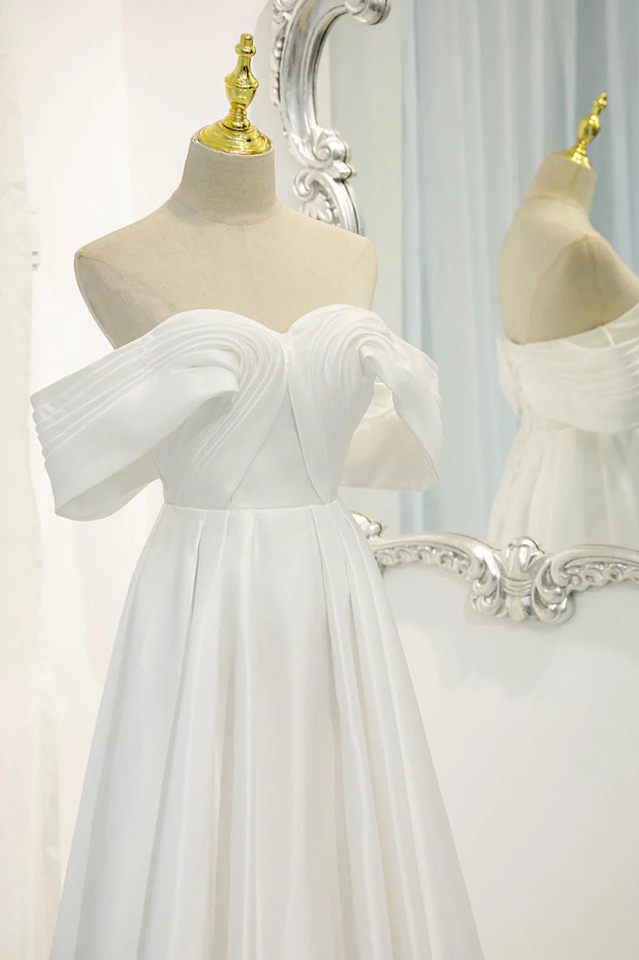 White Satin Long Prom Dress, Off the Shoulder Evening Dress TP957