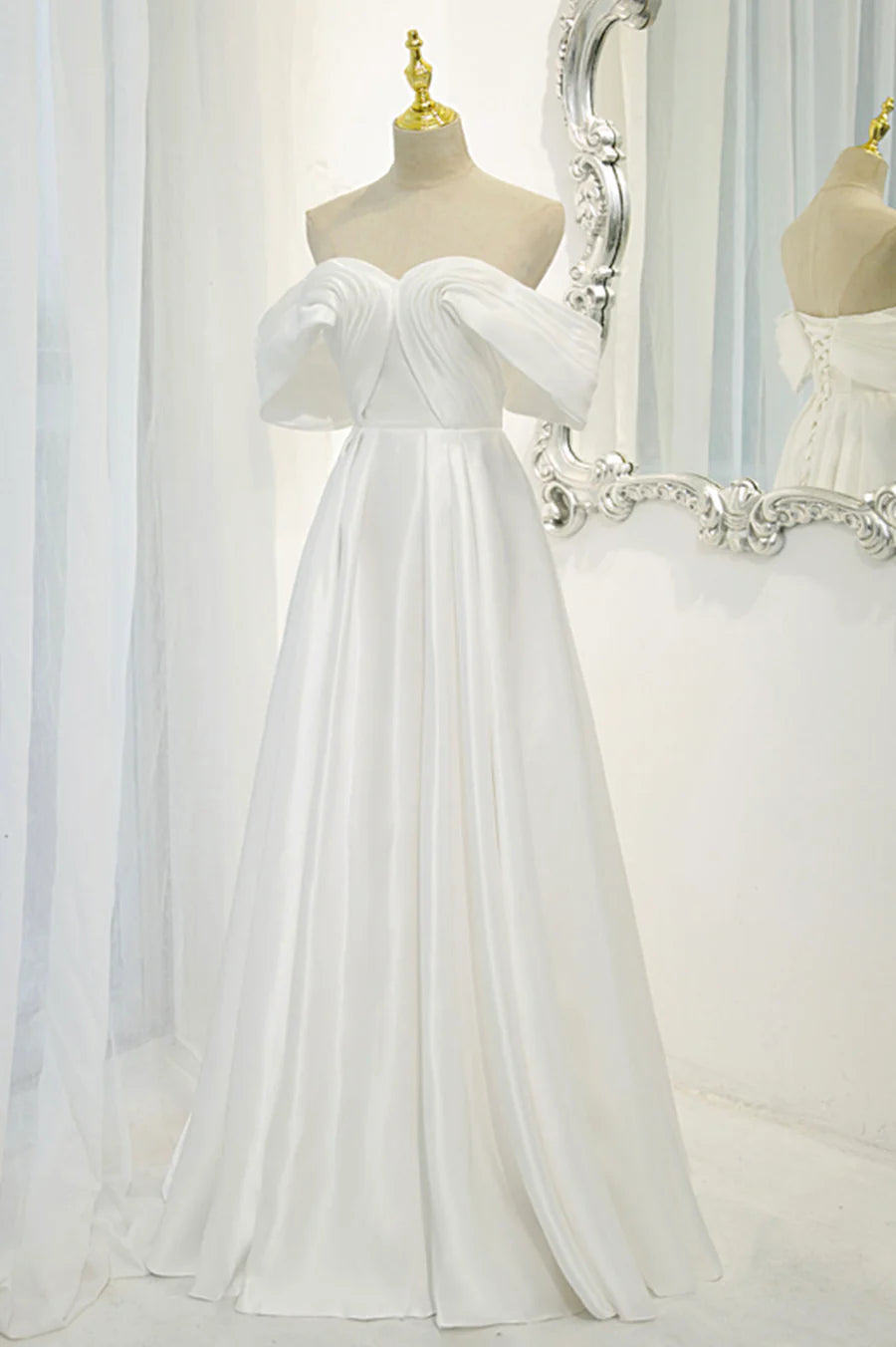White Satin Long Prom Dress, Off the Shoulder Evening Dress TP957