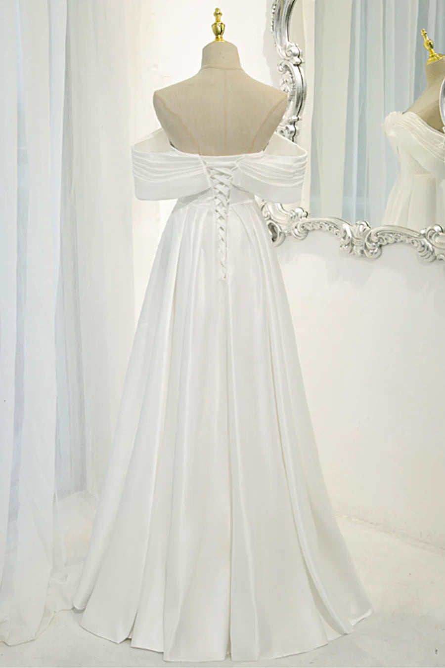 White Satin Long Prom Dress, Off the Shoulder Evening Dress TP957