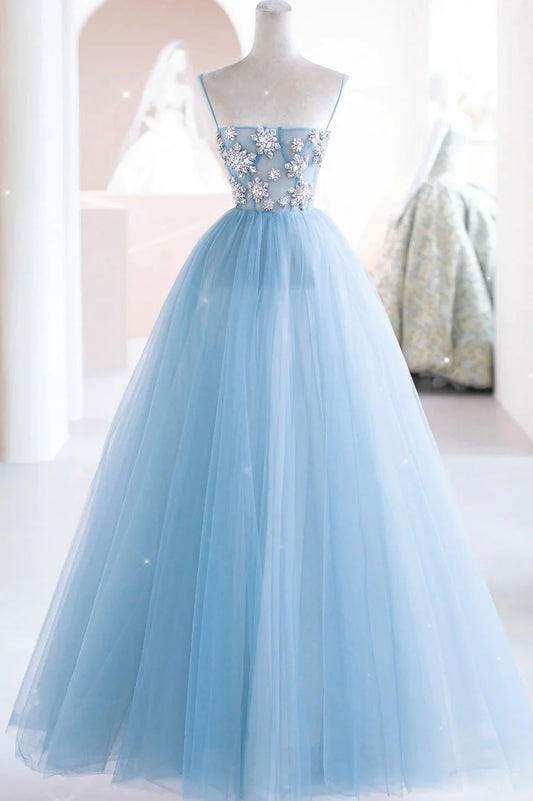 Blue Spaghetti Strap Tulle Beading Long A-Line Prom Dresses TP961