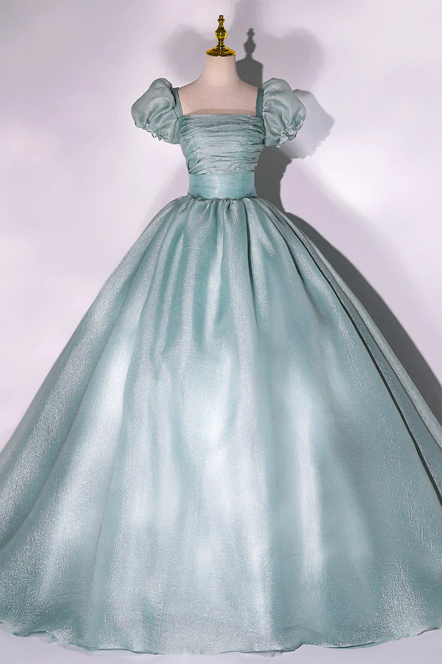 Green Tulle Floor Length Prom Dress, Lovely Short Sleeve Formal Evening Gown TP962
