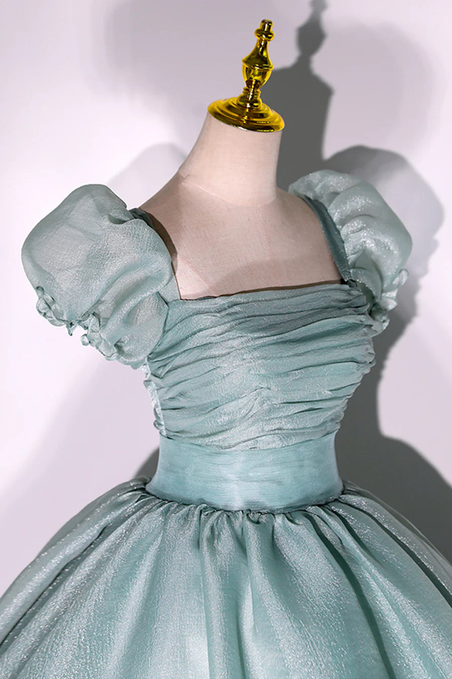 Green Tulle Floor Length Prom Dress, Lovely Short Sleeve Formal Evening Gown TP962