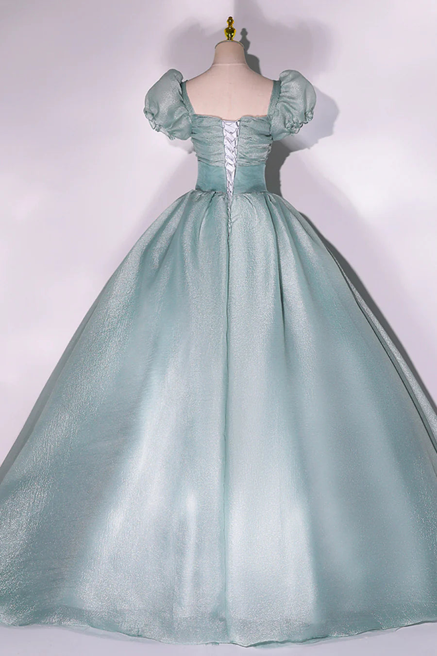 Green Tulle Floor Length Prom Dress, Lovely Short Sleeve Formal Evening Gown TP962