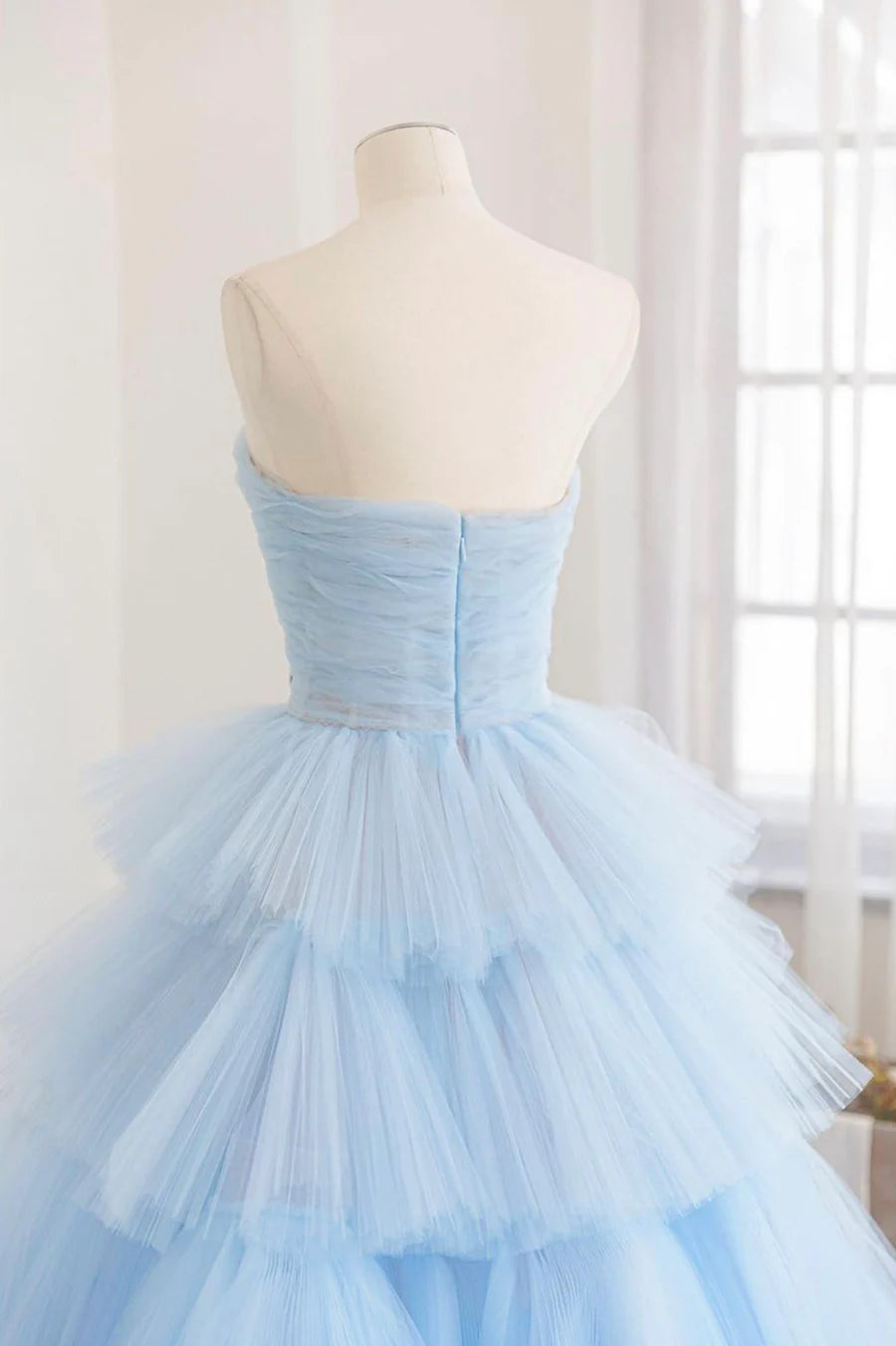 Blue Layers Tulle Long Prom Dresses, A-Line Strapless Evening Dresses TP963