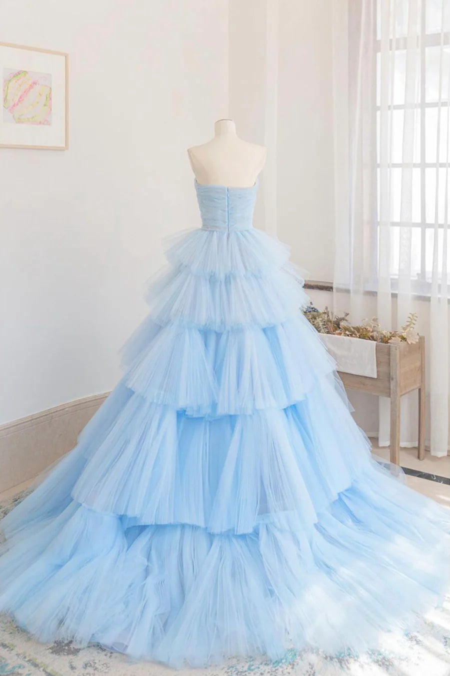 Blue Layers Tulle Long Prom Dresses, A-Line Strapless Evening Dresses TP963