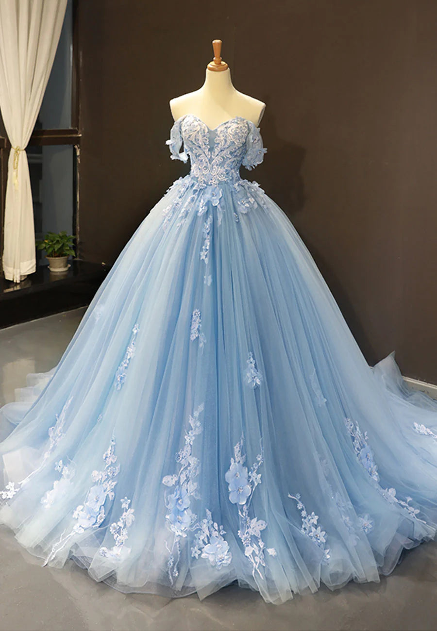 Blue Tulle Long A-Line Prom Dress, Off the Shoulder Evening Dress TP967