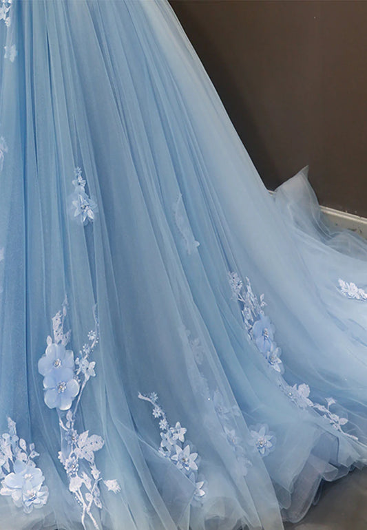 Blue Tulle Long A-Line Prom Dress, Off the Shoulder Evening Dress TP967