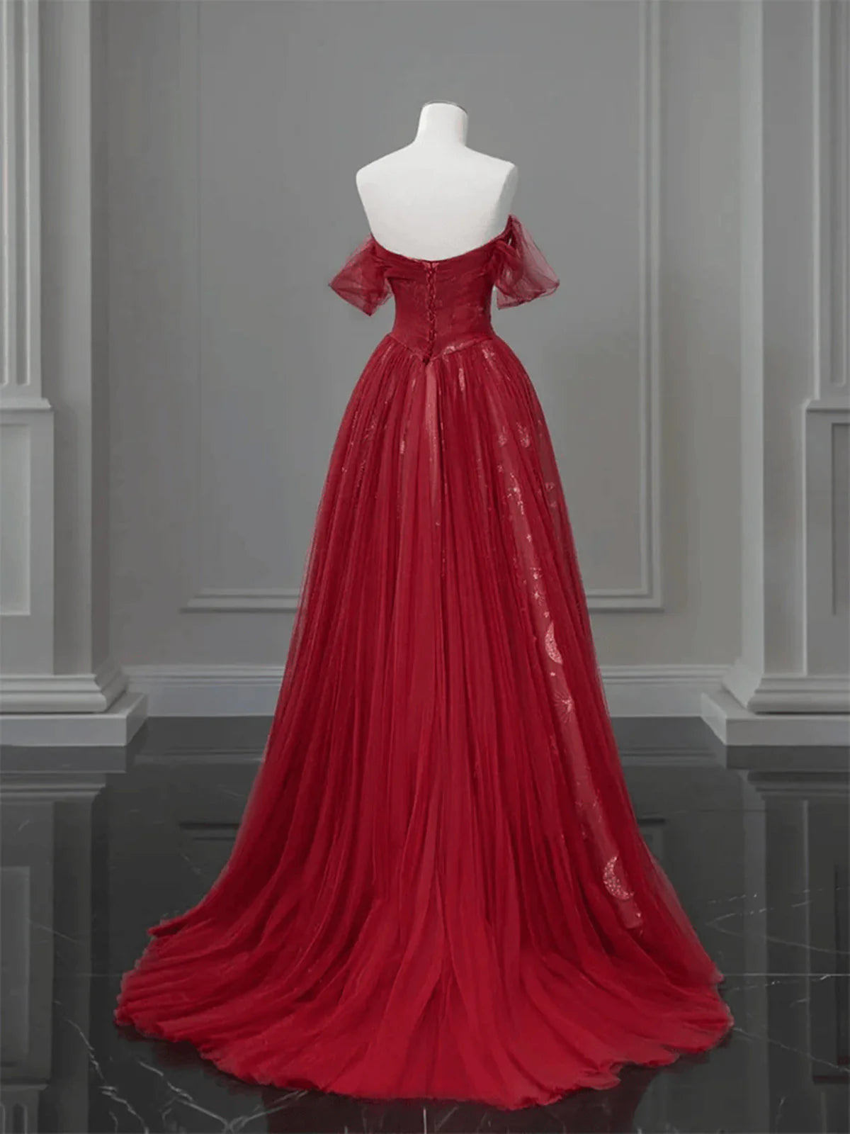 Wine Red A-line Tulle Sweetheart Floor Length Party Dress, Wine Red Tulle Prom Dress TP968