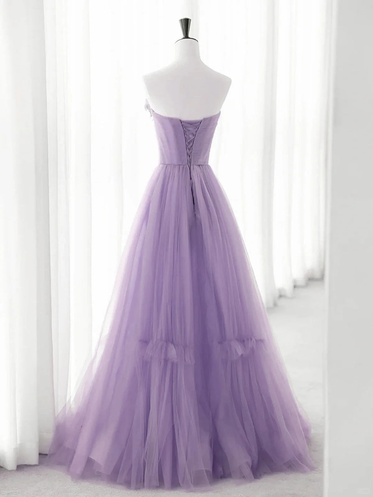 Cute Purple Tulle A-line Long Prom Dress with Flowers, Purple Tulle Party Dress TP969