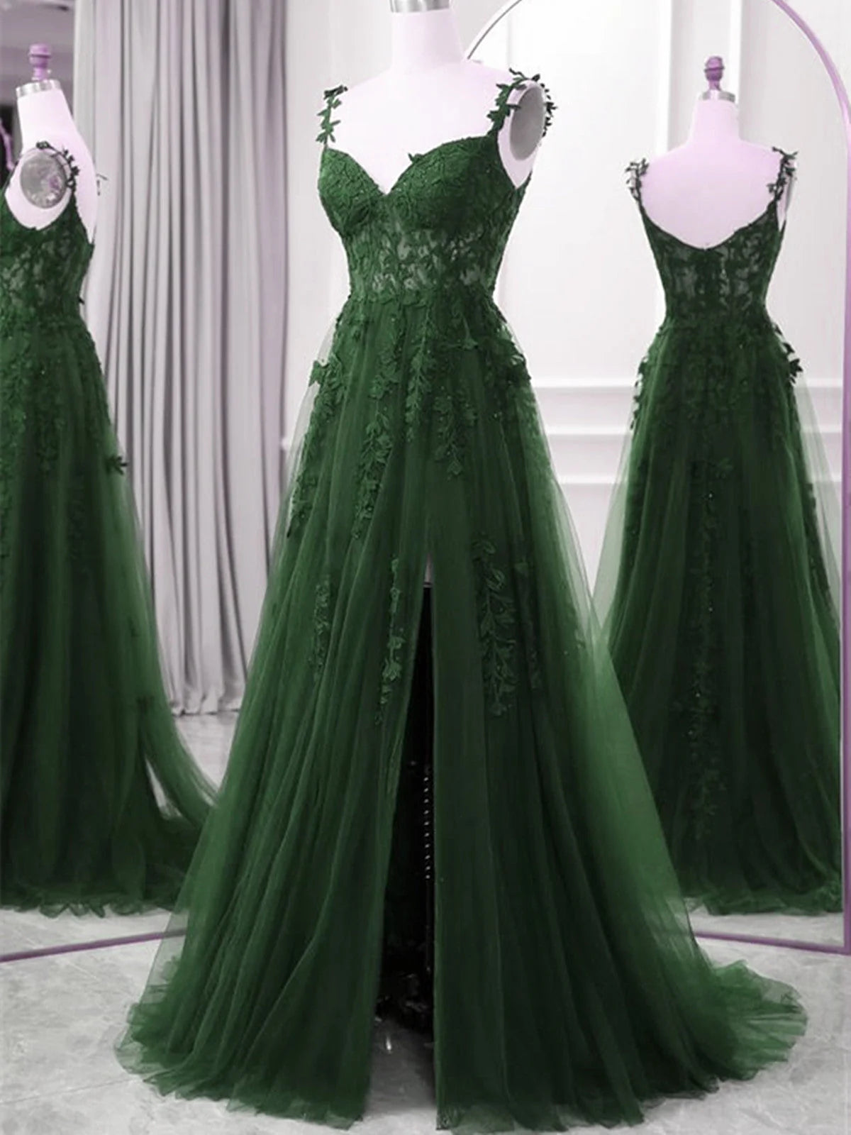 Green A-line Tulle with Lace Straps Floor Length Party Dress, Green Tulle Prom Dress TP972