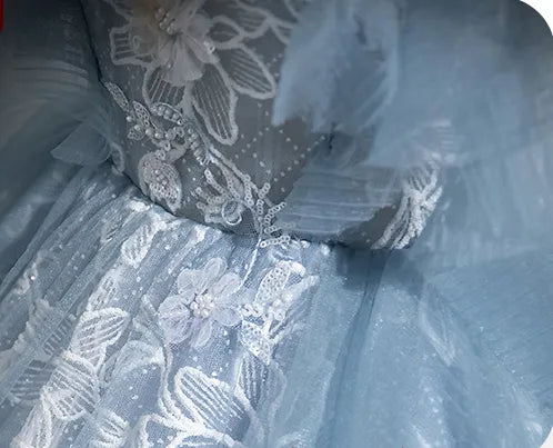 Light Blue A-line Lace and Tulle Long Party Dress, Blue Round Neckline Prom Dress TP979