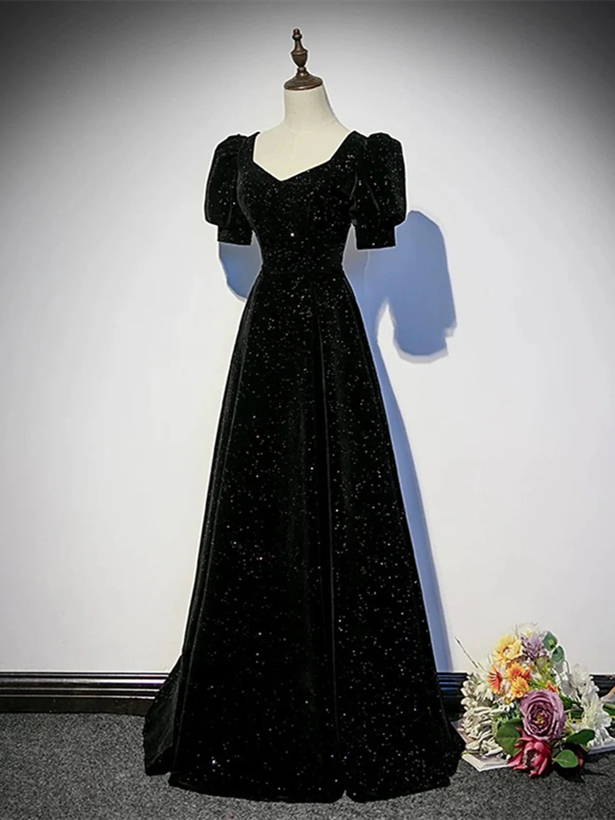 Black A-line Velvet Long Prom Dress Party Dress, Black Short Sleeves Prom Dress TP981