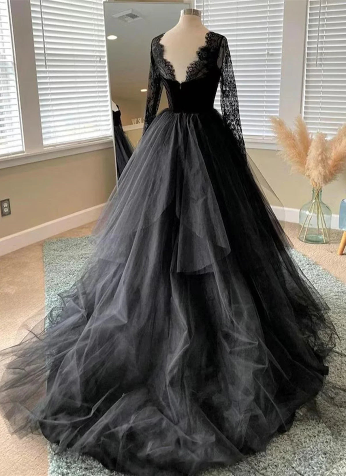Black A-line Long Lace Sleeves Tulle Formal Dress, Black Prom Dress Party Dress TP982