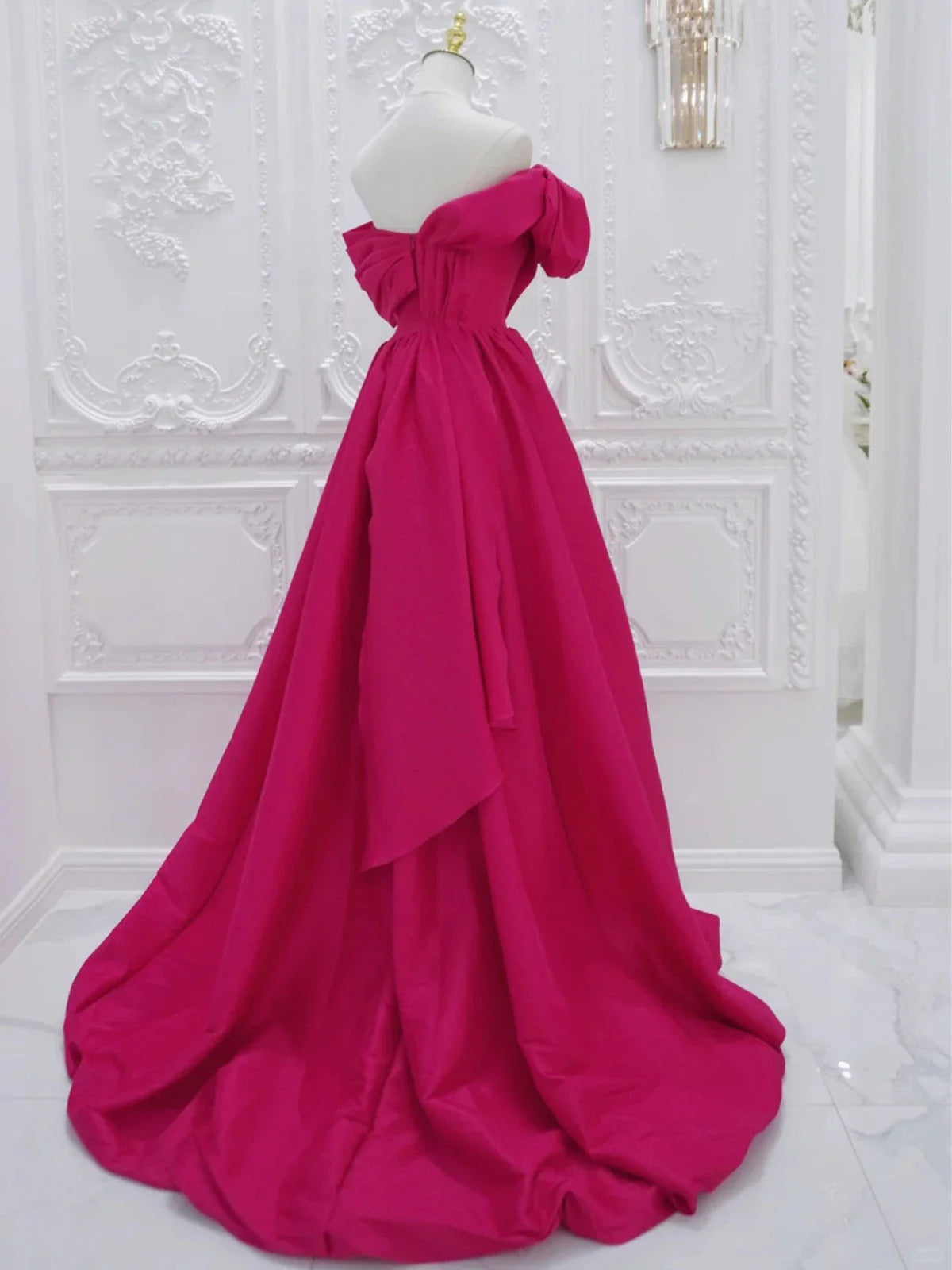 Fuchsia High Low Off Shoulder Party Dress, High Low Prom Dress Formal Dress TP990