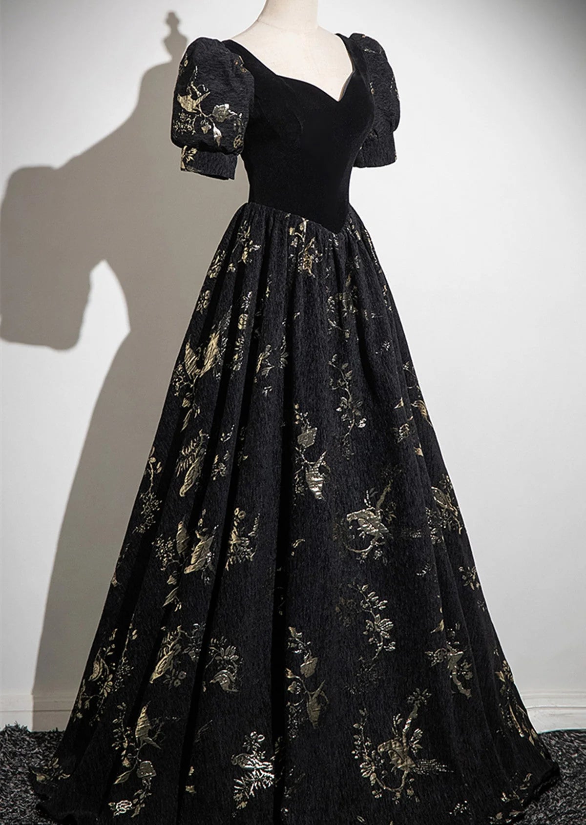 Black A-line Short Sleeves Sweetheart Floral Long PartY Dress, Black Prom Dress TP991