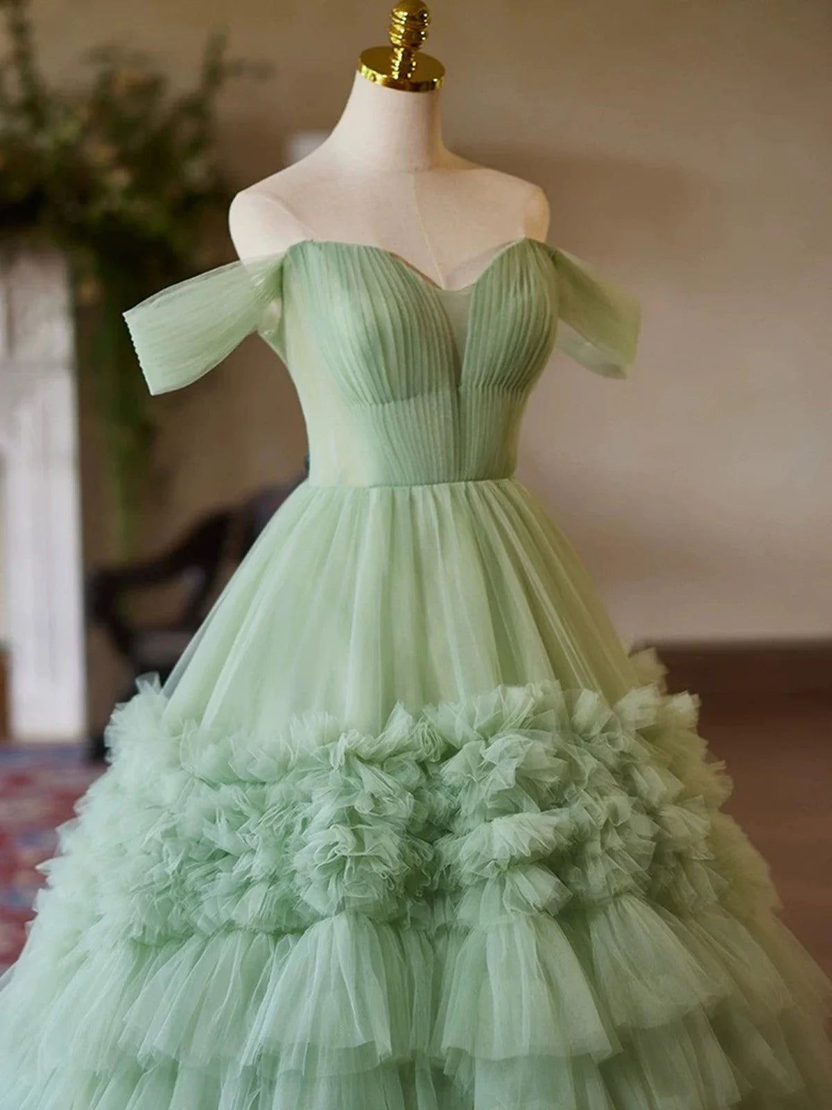 Green Sweetheart Tulle Off Shoulder Layers Long Formal Dress, Green Sweet 16 Dress TP993