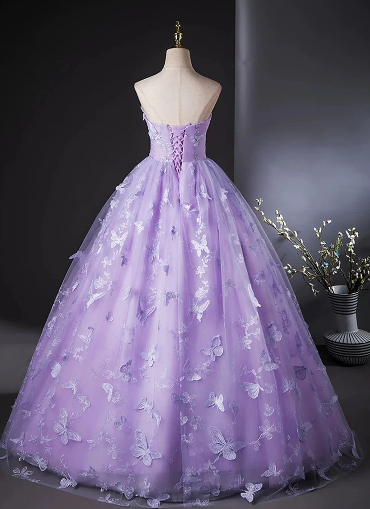 Purple Lace Strapless Floor Length Party Dress, Purple Lace Long Prom Dress TP996