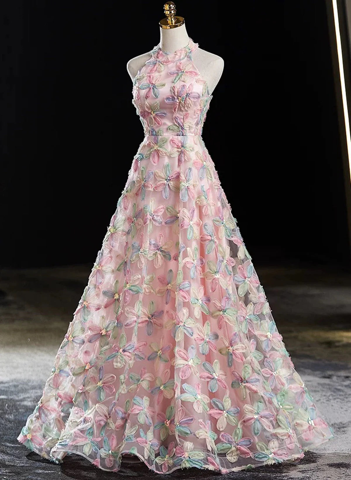Pink Halter A-line Floral Lace Long Party Dress, Pink Low Back Prom Dress TP997