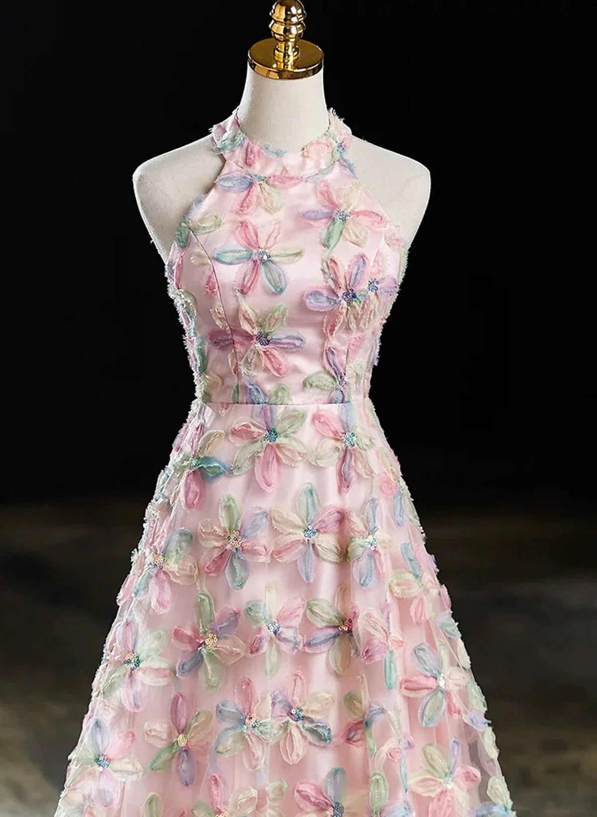 Pink Halter A-line Floral Lace Long Party Dress, Pink Low Back Prom Dress TP997