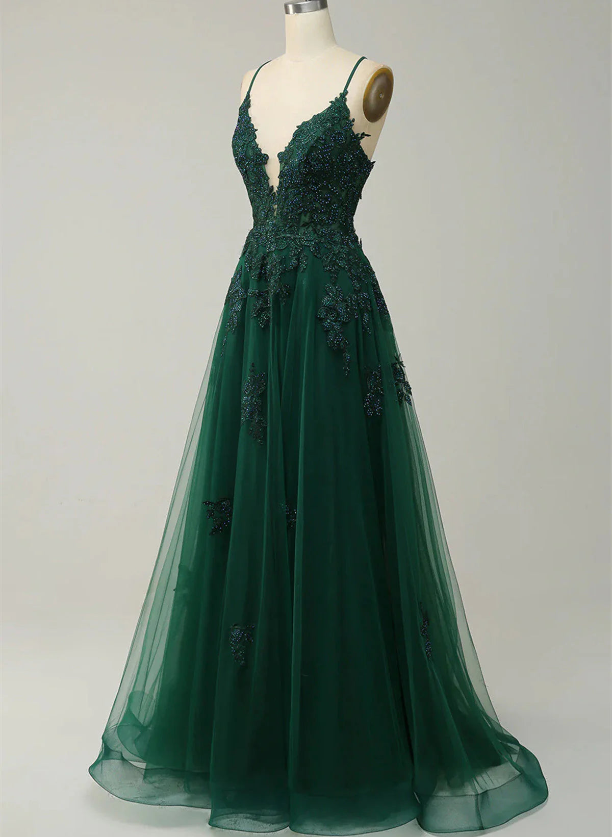 Green V-neckline Tulle with Lace Cross Back, Green Tulle Prom Dress TP999