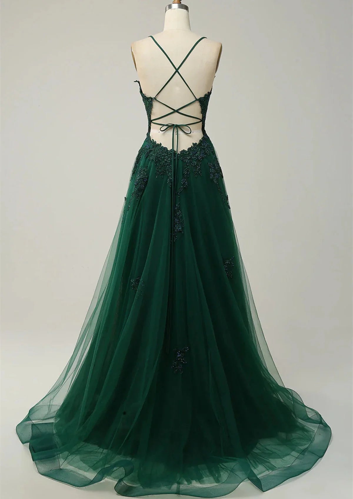 Green V-neckline Tulle with Lace Cross Back, Green Tulle Prom Dress TP999