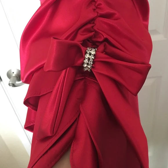 Vintage Hot Red Satin Prom Dress V-neck Ruffles Halter Dress Evening Dress A-Line Formal Dress TP4599