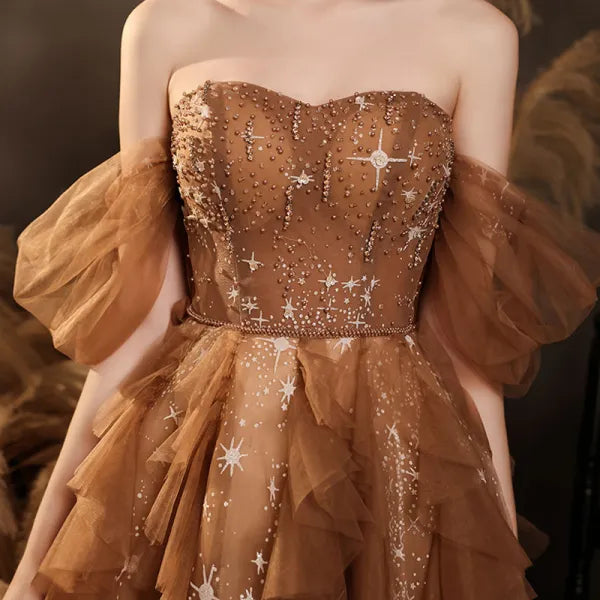 Elegant Champagne Sweetheart Shiny Sequin Ruffle Design A-Line Chiffon Tulle Evening Dress Prom Dress TP4125