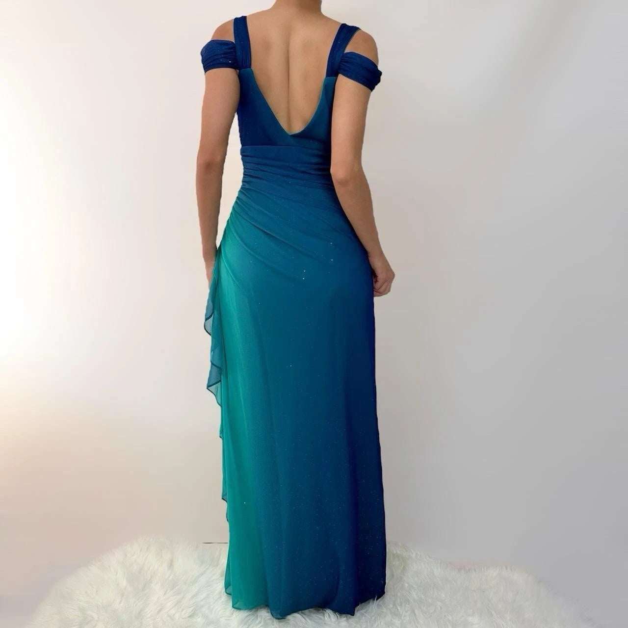 Vintage Shiny Gradient Blue-green Sheath Chiffon Unique Shoulder Strap Design Long Prom Dress Evening Dress TP2505