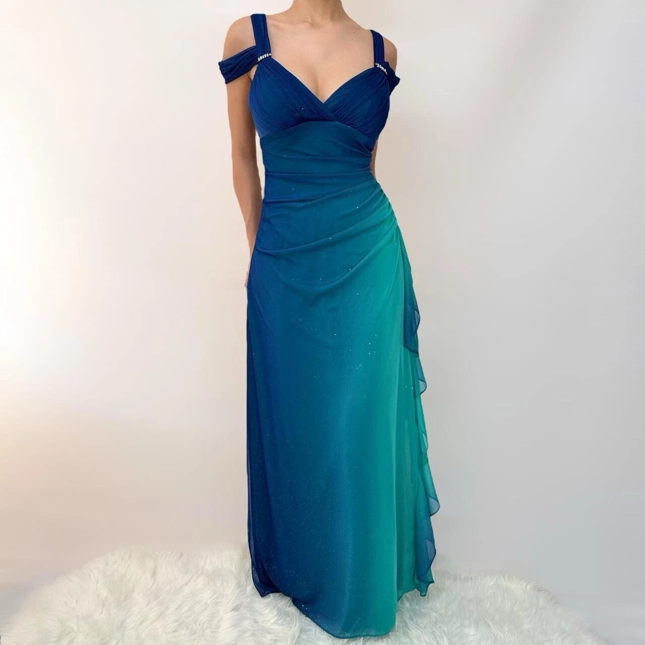 Vintage Shiny Gradient Blue-green Sheath Chiffon Unique Shoulder Strap Design Long Prom Dress Evening Dress TP2505