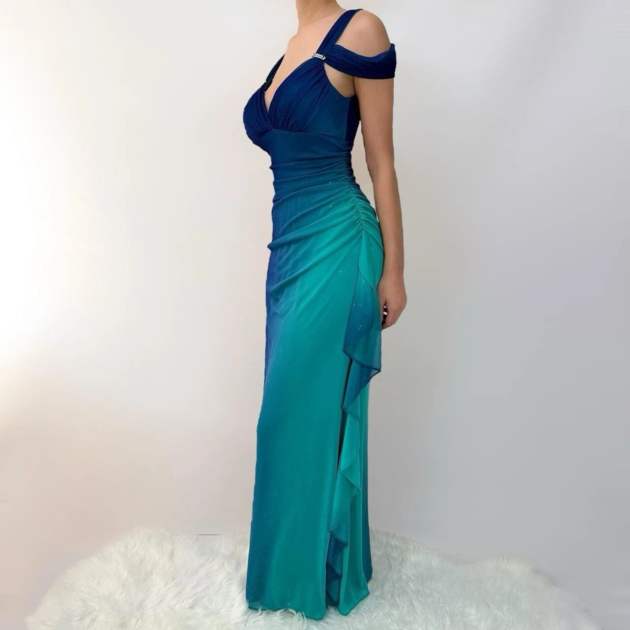 Vintage Shiny Gradient Blue-green Sheath Chiffon Unique Shoulder Strap Design Long Prom Dress Evening Dress TP2505