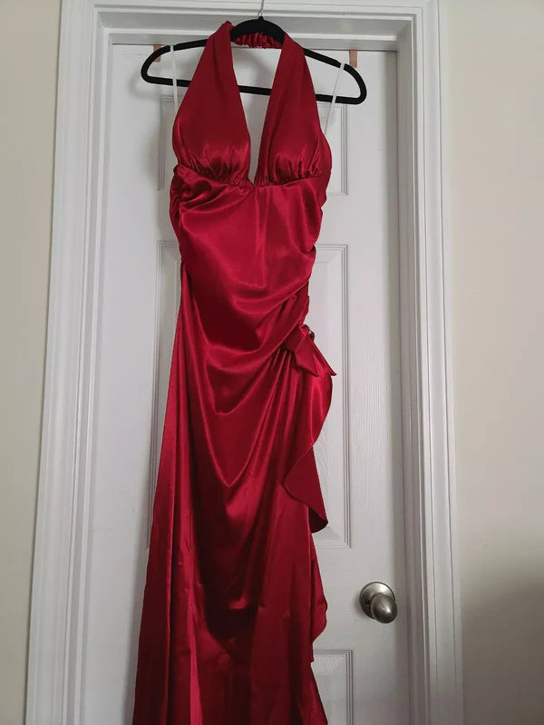 Vintage Hot Red Satin Prom Dress V-neck Ruffles Halter Dress Evening Dress A-Line Formal Dress TP4599