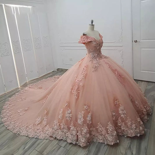Gorgeous Pink Applique Off-the-shoulder Sweet 16 Quinceanera A-Line Floor-length Prom Dress Birthday Dress Evening Dress Ball Gown TP4536