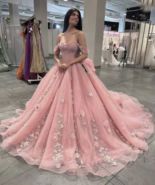 Elegant Pink Applique Strapless Sweet 16 Quinceanera A-Line Floor-length Prom Dress Birthday Dress Evening Dress Ball Gown TP4534