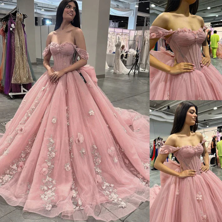 Elegant Pink Applique Strapless Sweet 16 Quinceanera A-Line Floor-length Prom Dress Birthday Dress Evening Dress Ball Gown TP4534