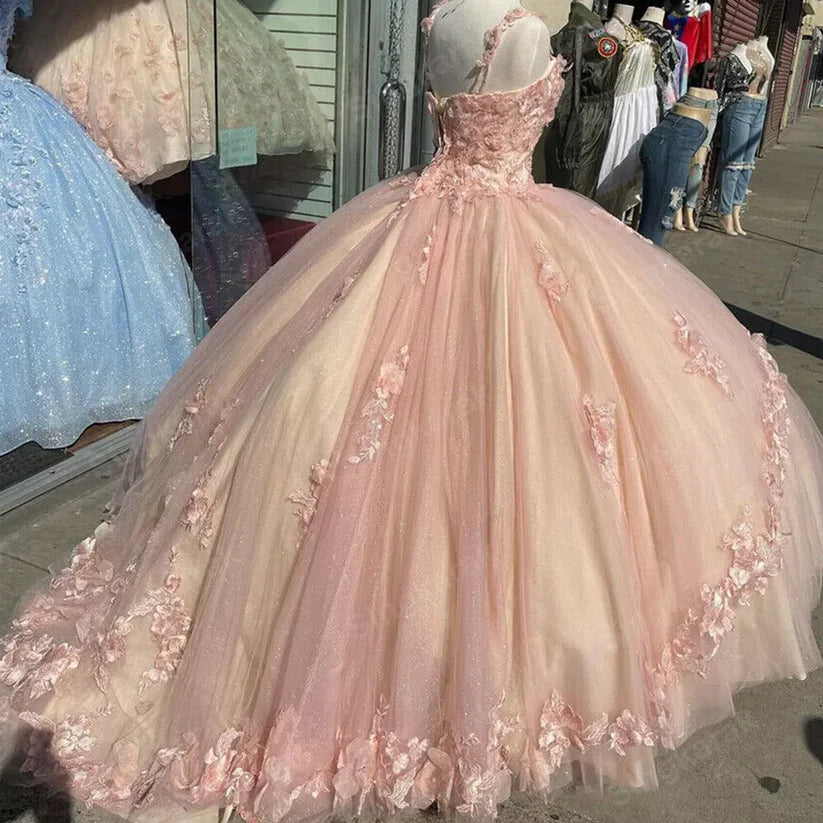Retro Pink Sweetheart Appliqued 3D Flower A-Line Tulle 18 Birthday Quinceanera Dresses Evening Ball Gowns TP4122