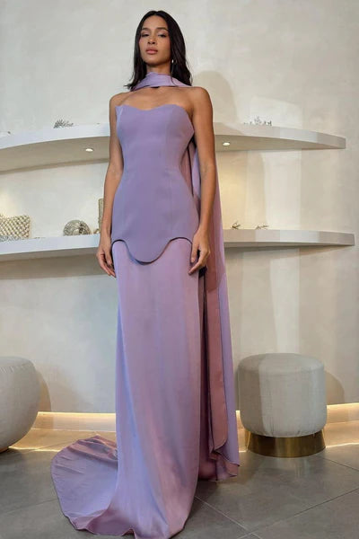 Elegant Lilac Strapless Detachable Cape Sheath Evening Gown Prom Dress TP5226