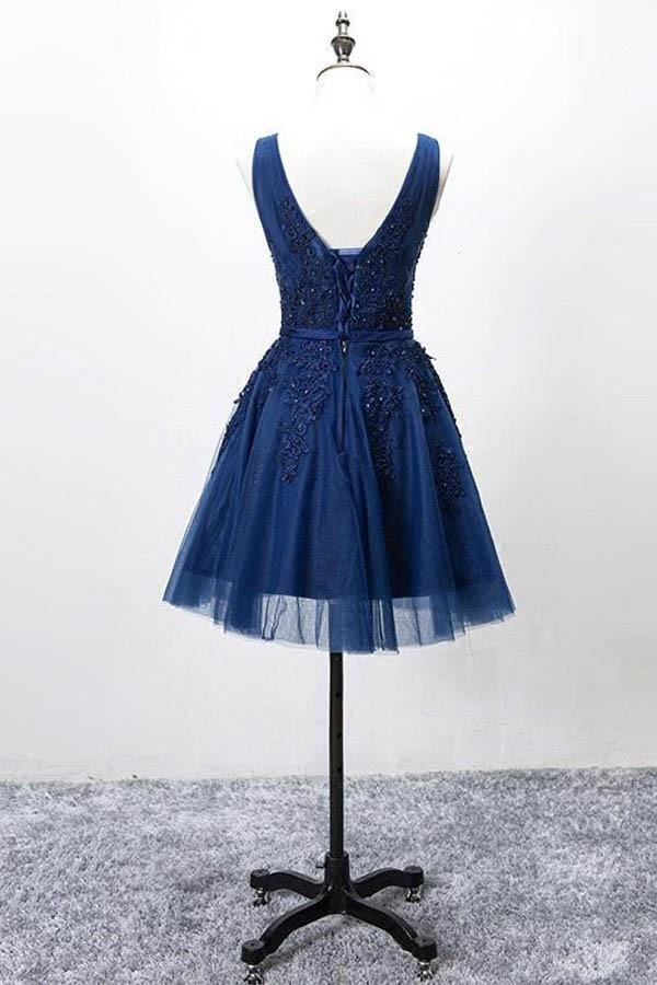 Vintage Navy Blue Lace Appliques Design A-line Tulle Short Lace-up Homecoming Dress TP3570