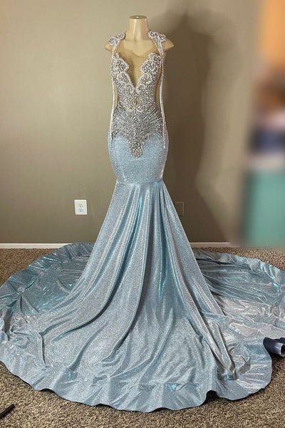 Vintage Sky Blue Mermaid Prom Dress Sparkling Beaded Evening Gown Backless Party Dress Long Formal Dress TP4853