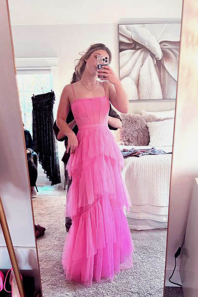 Hot Pink New Style Spaghetti Straps Floor Length Prom Dress with Ruffles TP80