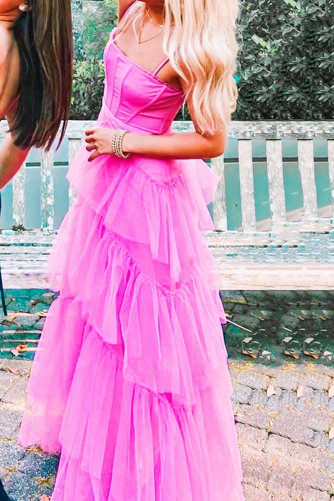 Hot Pink New Style Spaghetti Straps Floor Length Prom Dress with Ruffles TP80