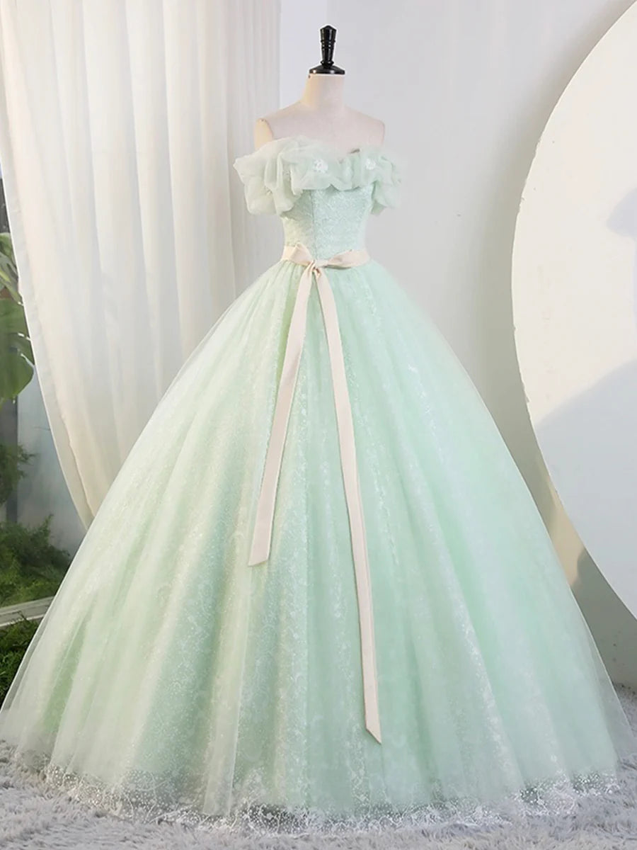 Beautiful Sage Green Tulle Floor Length Prom Dresses, A-Line Off the Shoulder Evening Part Dresses TP182