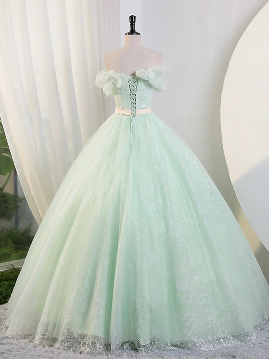 Beautiful Sage Green Tulle Floor Length Prom Dresses, A-Line Off the Shoulder Evening Part Dresses TP182