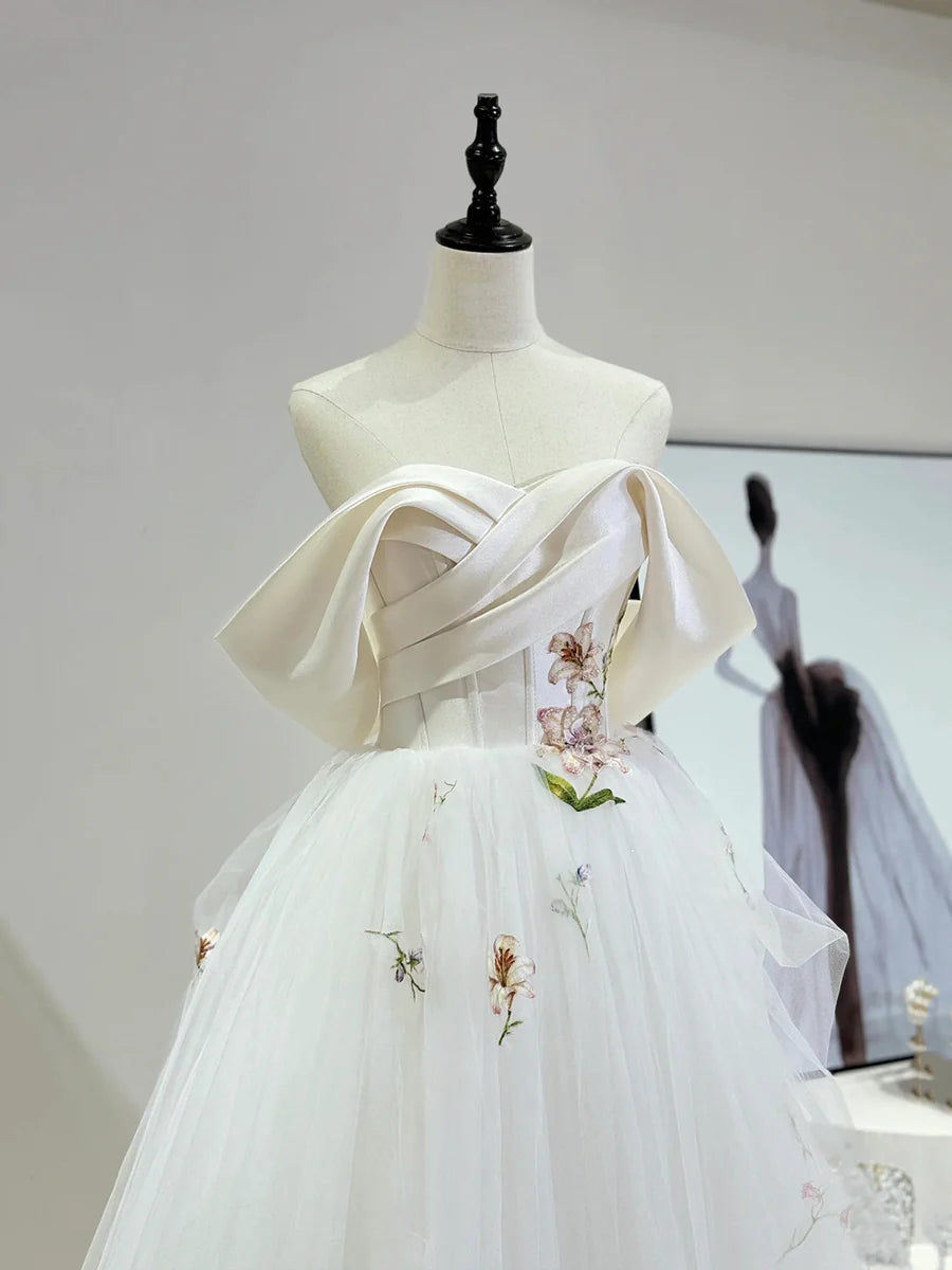 Beautiful Tulle Lace Long Prom Dress, Off the Shoulder Evening Party Dress TP936