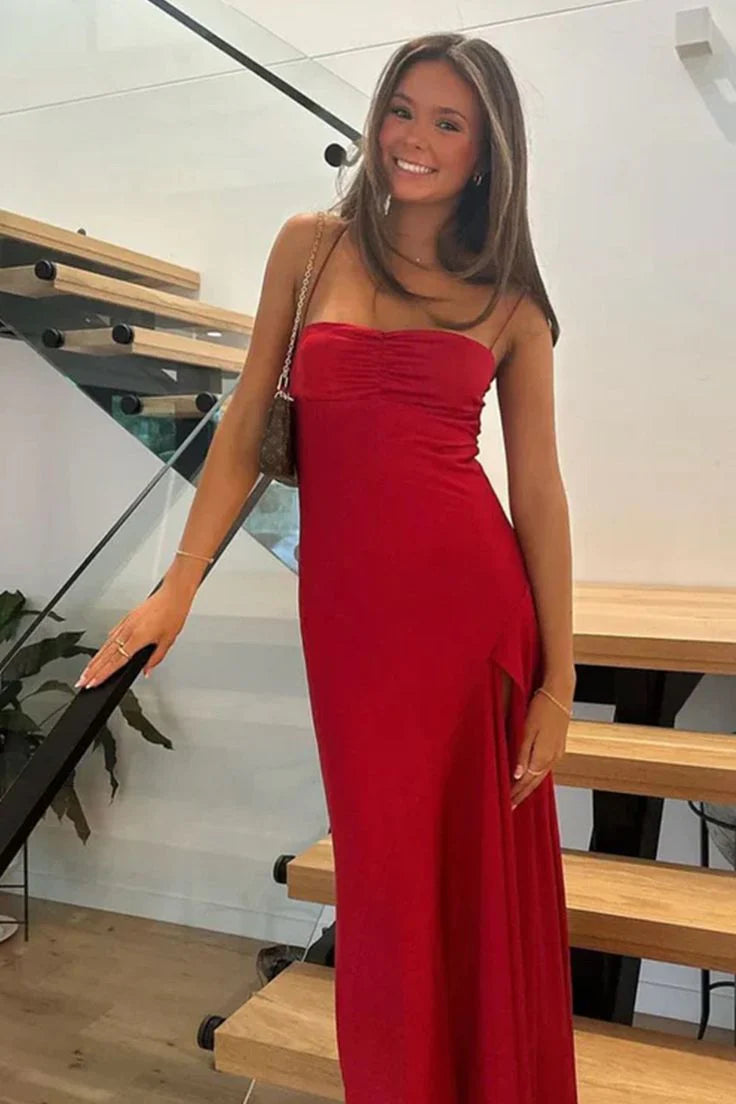 Vintage Satin Spaghetti Strap Mermaid High-slit Long Prom Dress Party Dress Evening Dress TP4400