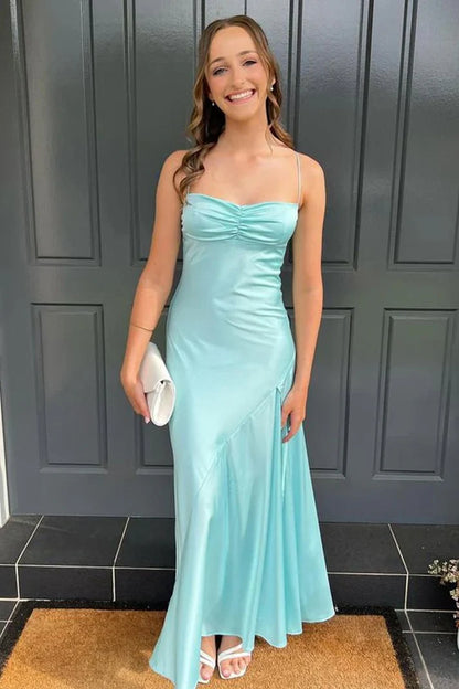 Vintage Satin Spaghetti Strap Mermaid High-slit Long Prom Dress Party Dress Evening Dress TP4400