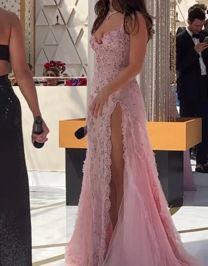 Vintage Pink Lace Sweetheart Prom Dress Long Evening Dress A-Line High Slit Formal Dress TP4589